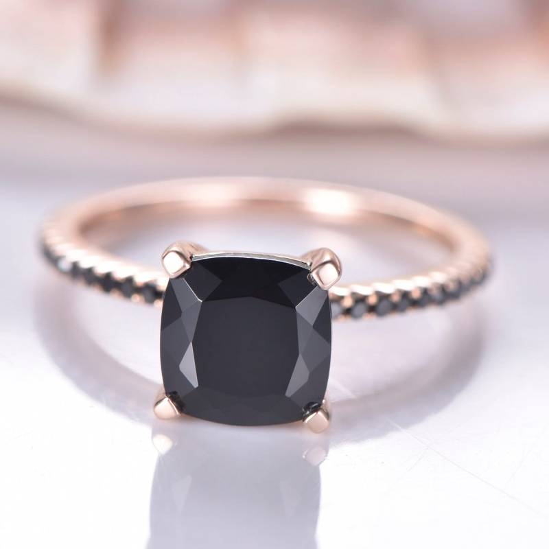 Rosegold Schwarz Spinell Verlobungsring 7, 5mm Kissenschliff Natur Halb Ewigkeit Diamant Hochzeitsband Jahrestag Geschenk Dünnes Band von PENNIjewel