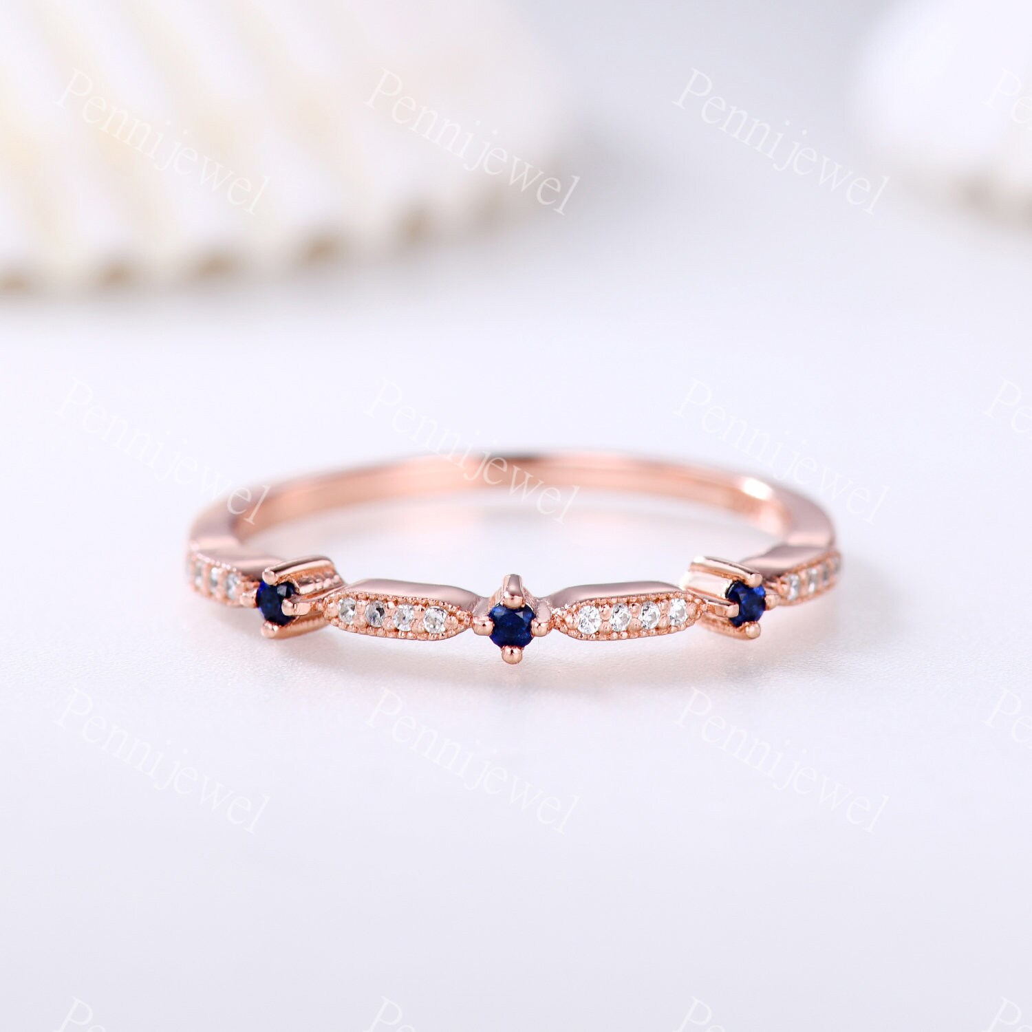 Saphir Diamant Ring, Einzigartiger Ehering, Rosegold Ring, Stapelring Für Frauen, Jahrestag Braut Ring, Halb Ewigkeit Ring von PENNIjewel