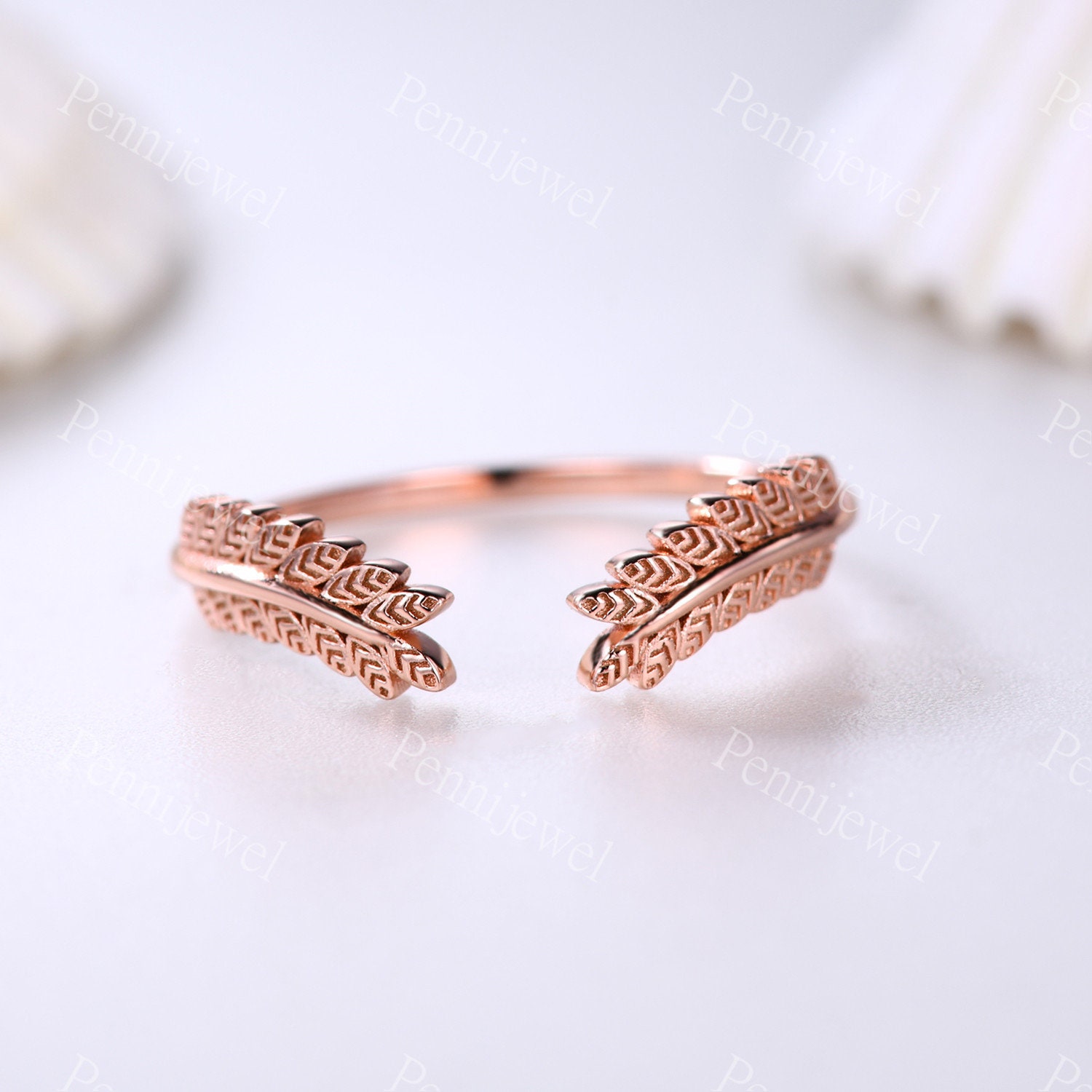 Schlichtes Goldband, Blatt Design Hochzeitsband, Offener Spalt Passender Ring, 14K Massives Roségold, Jubiläumsring, Geschenk Für Frauen, Dünnes von PENNIjewel