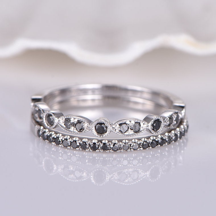 Schwarzer Diamant Ehering 14K Weißgold Halb Eternity Ring Naturstein Jubiläumsring Brautring Set Marquise Set von PENNIjewel