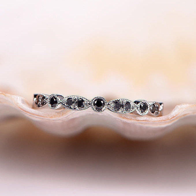 Schwarzer Diamant Ehering Halbe Ewigkeit Ring Solide 14 Karat Weißgold Verlobungsring Stapel Passende Band Jubiläumsring Marquise Set von PENNIjewel