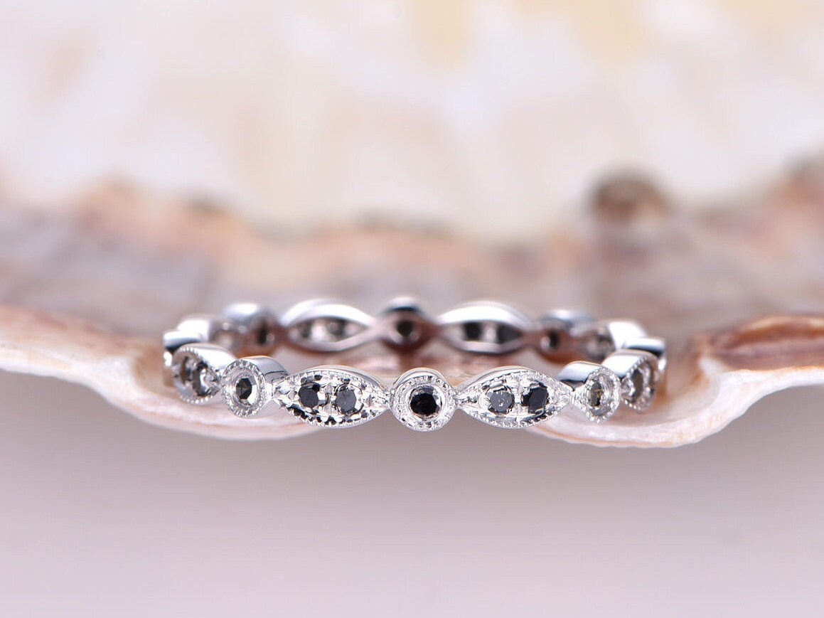 Schwarzes Diamant Ehering Massiver 14K Roségold Full Eternity Ring Verlobungsring Stapeln Passender Band Jubiläumsring Marquise Set von PENNIjewel