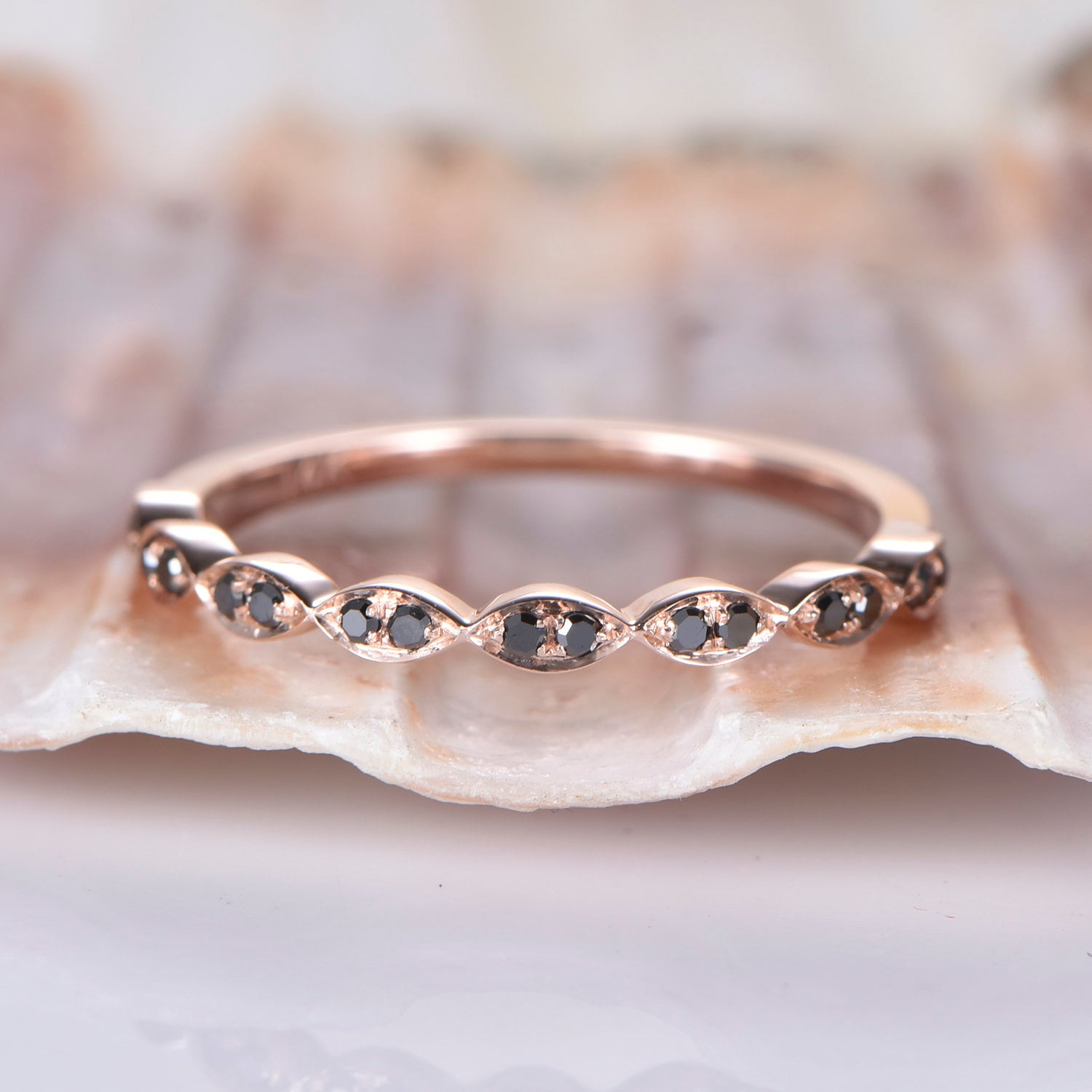 Schwarzes Diamant Ehering Solid 14K Roségold Halb Ewigkeit Verlobungsring Stapeln Passender Band Jubiläumsring Marquise Set von PENNIjewel