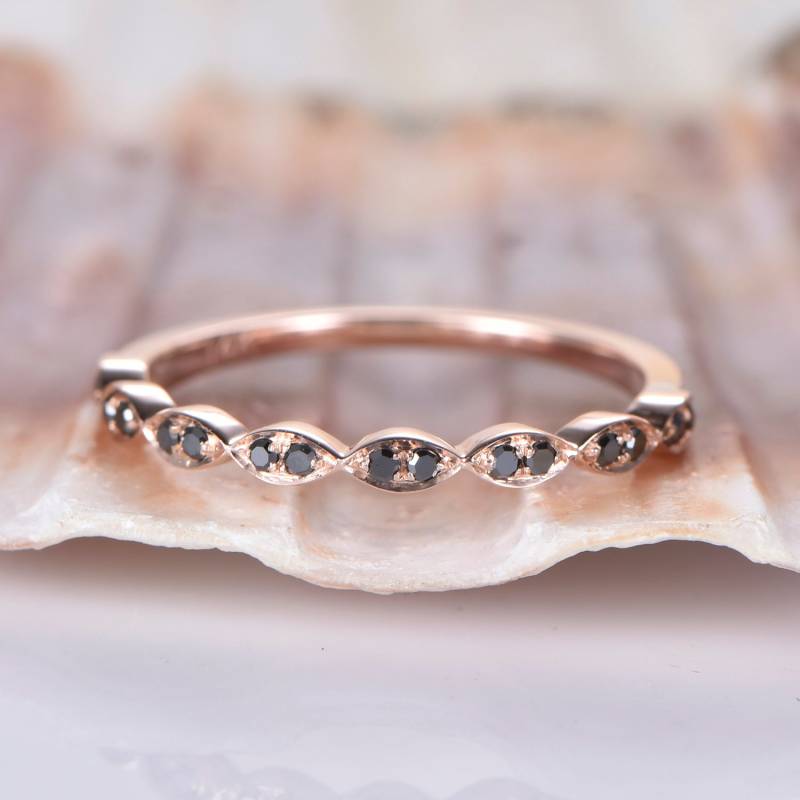 Schwarzes Diamant Ehering Solid 14K Roségold Halb Ewigkeit Verlobungsring Stapeln Passender Band Jubiläumsring Marquise Set von PENNIjewel