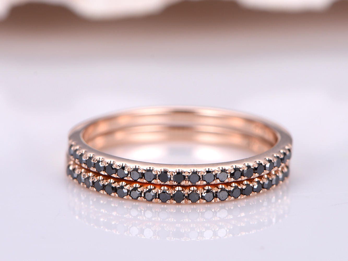 Schwarzes Diamant Trauband Brautring Set Schwarzer Trauring Halbe Ewigkeit Ring Massiv 14K Roségold Stapeln Passendes Band von PENNIjewel