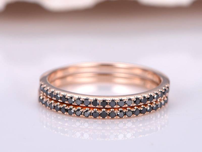 Schwarzes Diamant Trauband Brautring Set Schwarzer Trauring Halbe Ewigkeit Ring Massiv 14K Roségold Stapeln Passendes Band von PENNIjewel