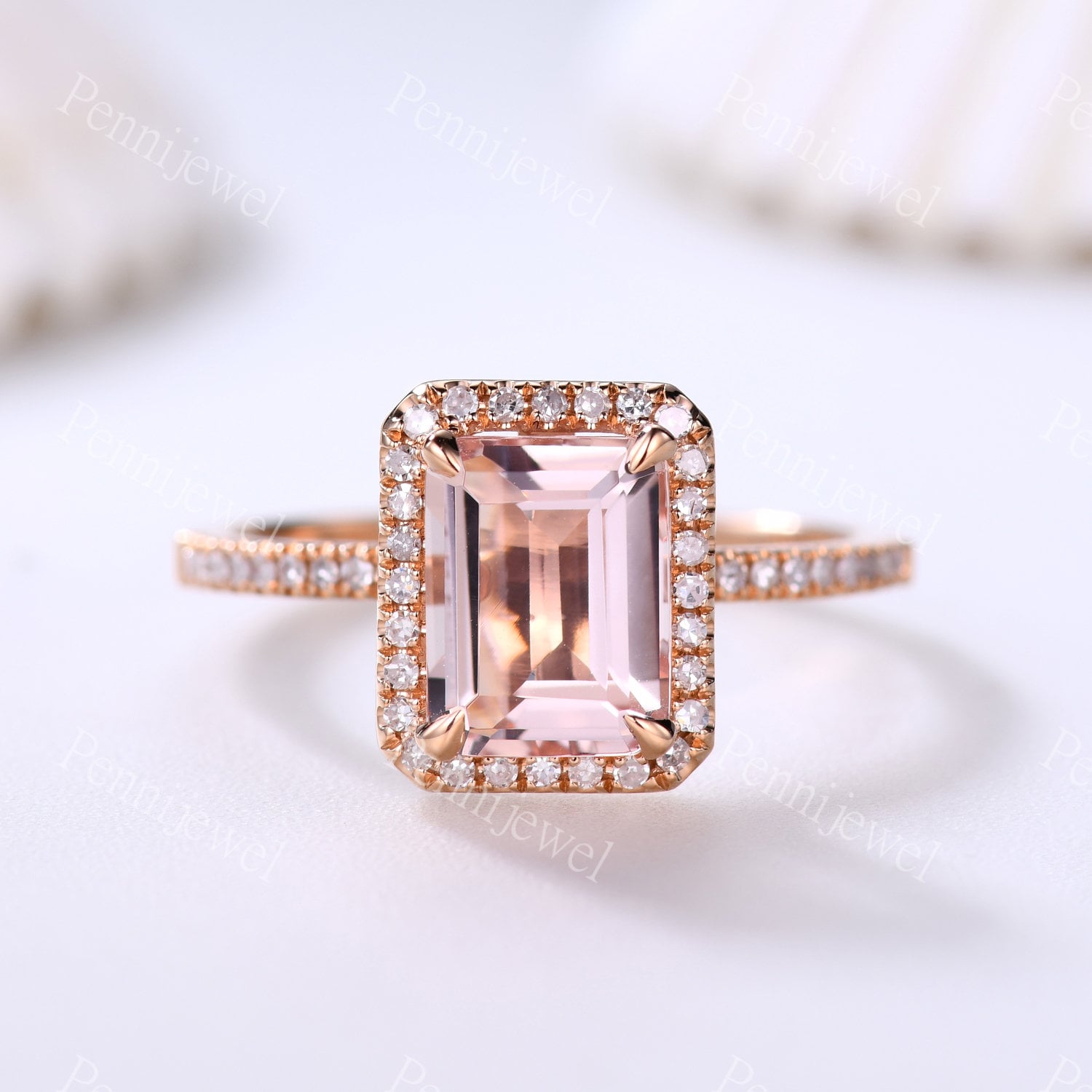 Smaragdschliff 6x8mm Pink Morganit Verlobungsring Natürlicher Diamant Halo Ring Rosegold Halb Ewigkeit Band Jubiläumsring von PENNIjewel