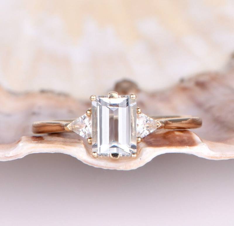 Topas Verlobungsring 14 K Gelbgold 5x7mm Smaragd Geschnitten Stein Hochzeit Band Natürlichen Edelstein Braut Versprechen Ring Feinen von PENNIjewel