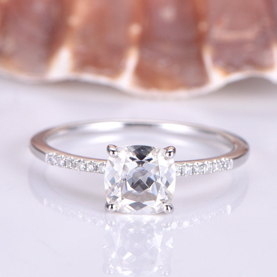 Topas Verlobungsring 14K Weißgold Diamant Ehering Solitär Versprechensring 6 Mm Kissenschliff Naturweißer Braut Jahrestag von PENNIjewel