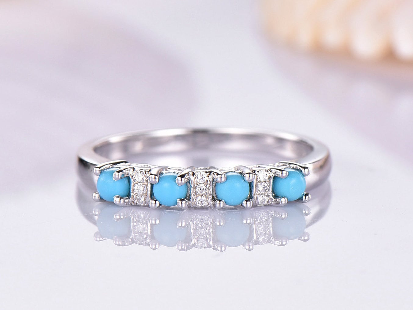 Türkis Hochzeit Band Mit Diamant Ring Halbe Ewigkeit Weißgold 14K Passende Natürliche Birthstone Valentinstag Geschenk von PENNIjewel