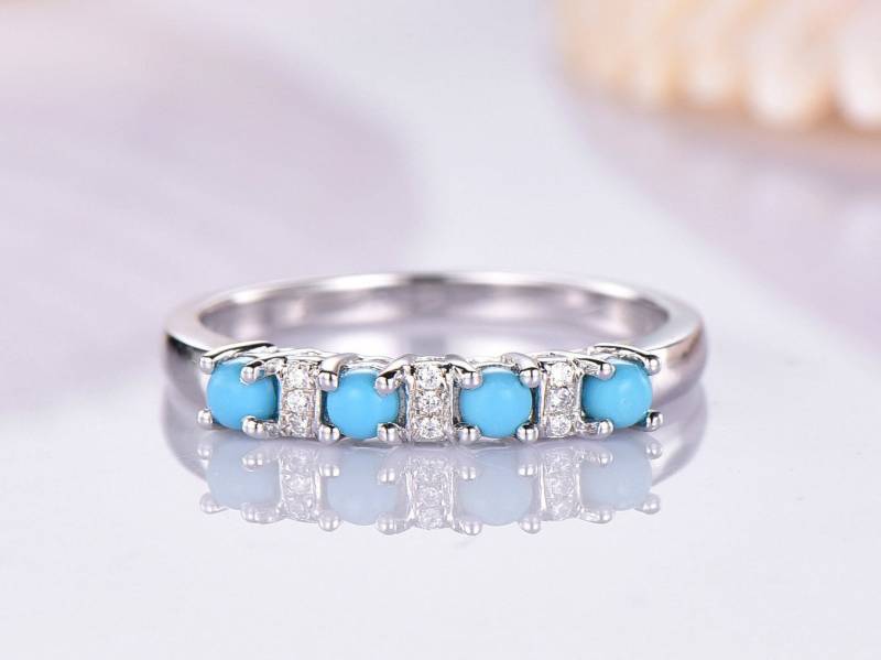 Türkis Hochzeit Band Mit Diamant Ring Halbe Ewigkeit Weißgold 14K Passende Natürliche Birthstone Valentinstag Geschenk von PENNIjewel