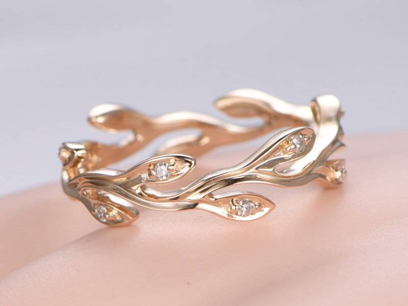 Vine Diamond Hochzeitsband Massiv 14K Gelbgold Full Eternity Ring Verlobungsring Stapeln Passendes Band Weiß/Roségold Floral Antik von PENNIjewel