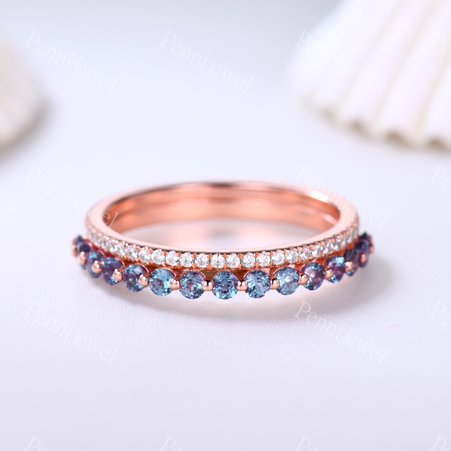 Vintage Alexandrit Ehering, Halbe Ewigkeit Diamant Ring, 14K Roségold Ehering, Juni Geburtsstein, Geschenk Für Frauen von PENNIjewel