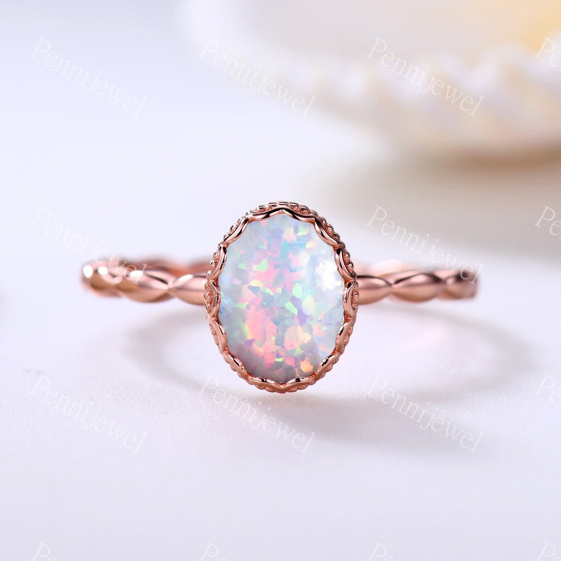 Vintage Opal Verlobungsring, Rosegold Ring, Opal Braut Ring, Oval Geschliffen Weißer Ring, Verlobungsring, Oktober Jahrestag Geschenk Ring von PENNIjewel