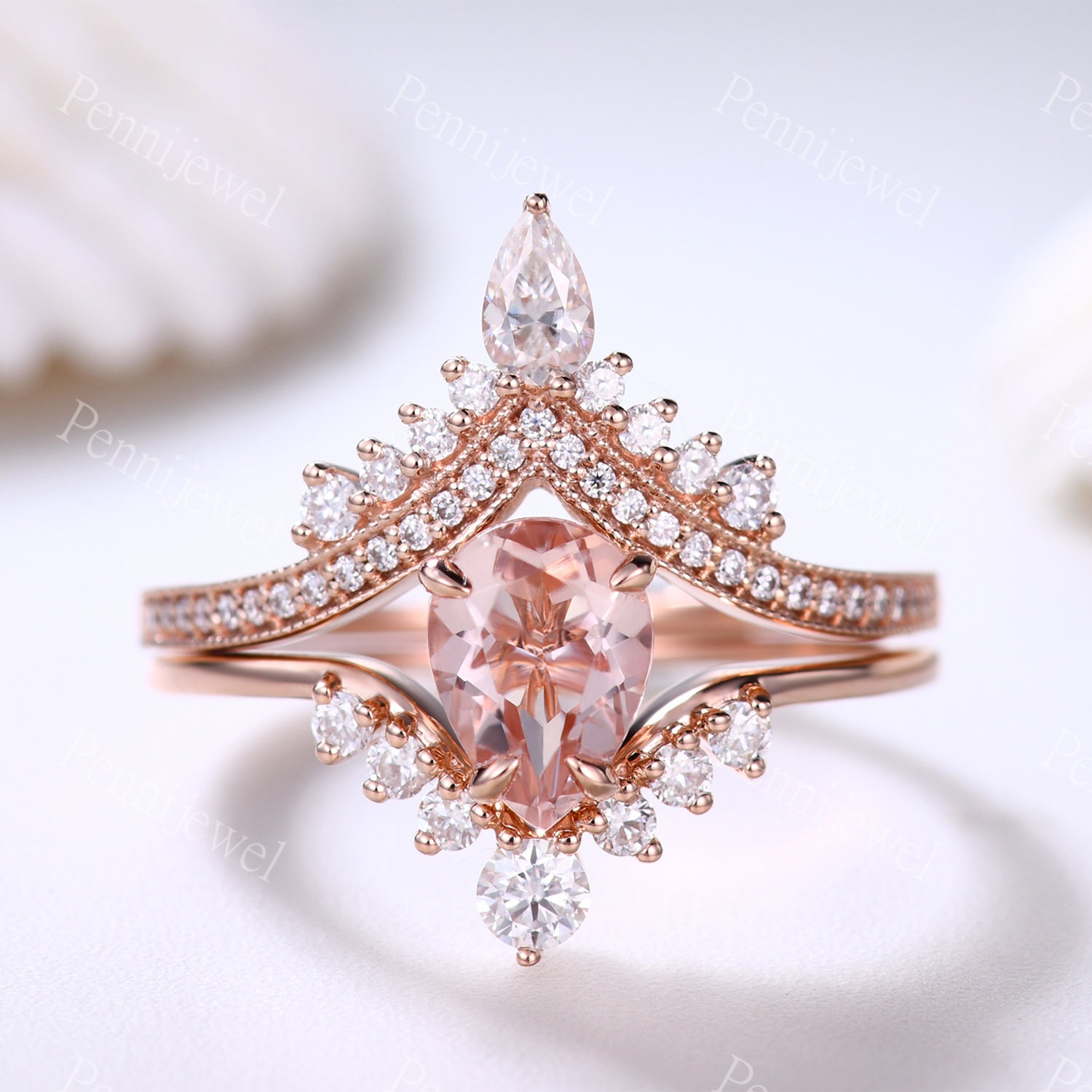 Vintage Pear Morganit Verlobungsring Set Diamant Stapelring Vorschlagen Jahrestag Ring Für Frauen 14K Rose Gold Art Deco Braut von PENNIjewel