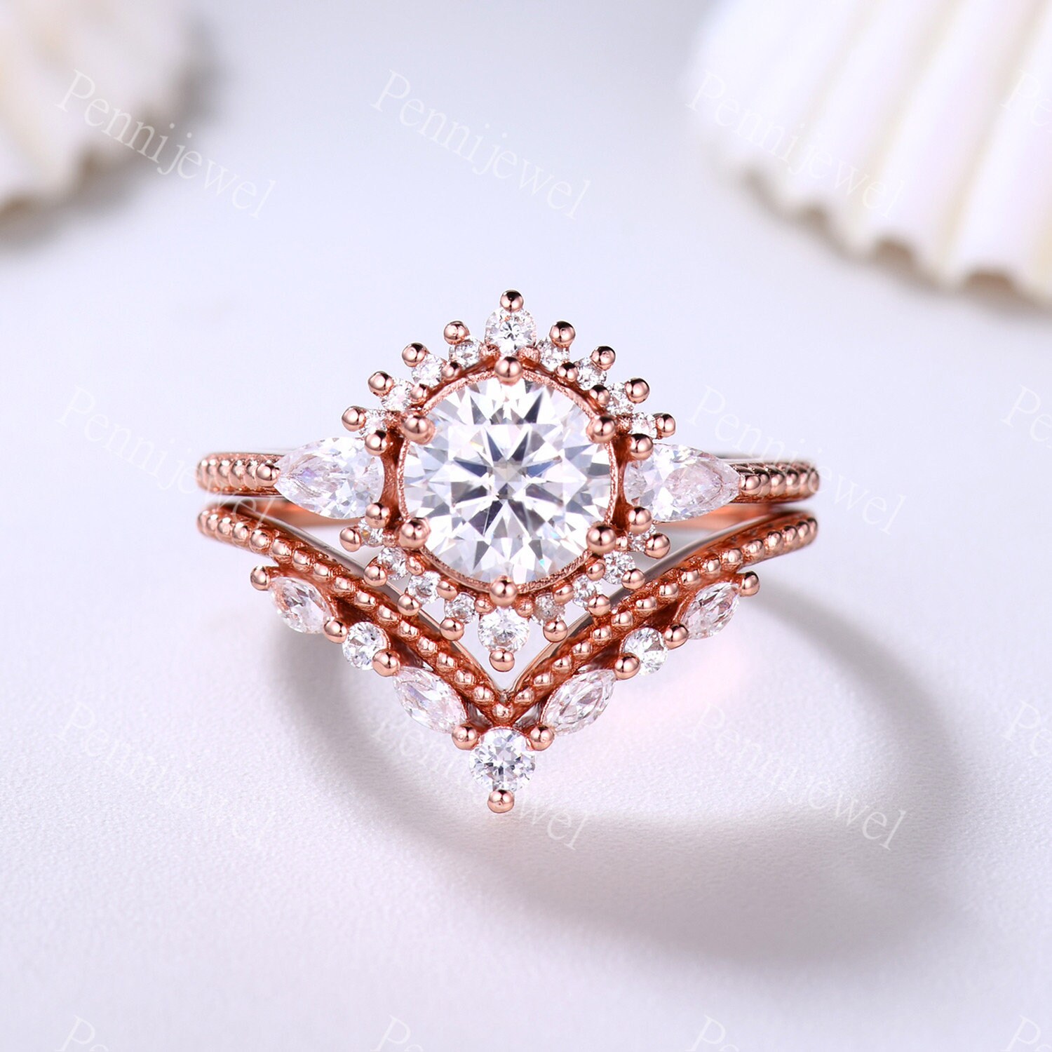 Vintage Runde Moissanite Verlobungsring, Marquise Ehering, Art Deco Ring, Rose Gold, Frauen Braut Versprechen Ring Geschenk von PENNIjewel