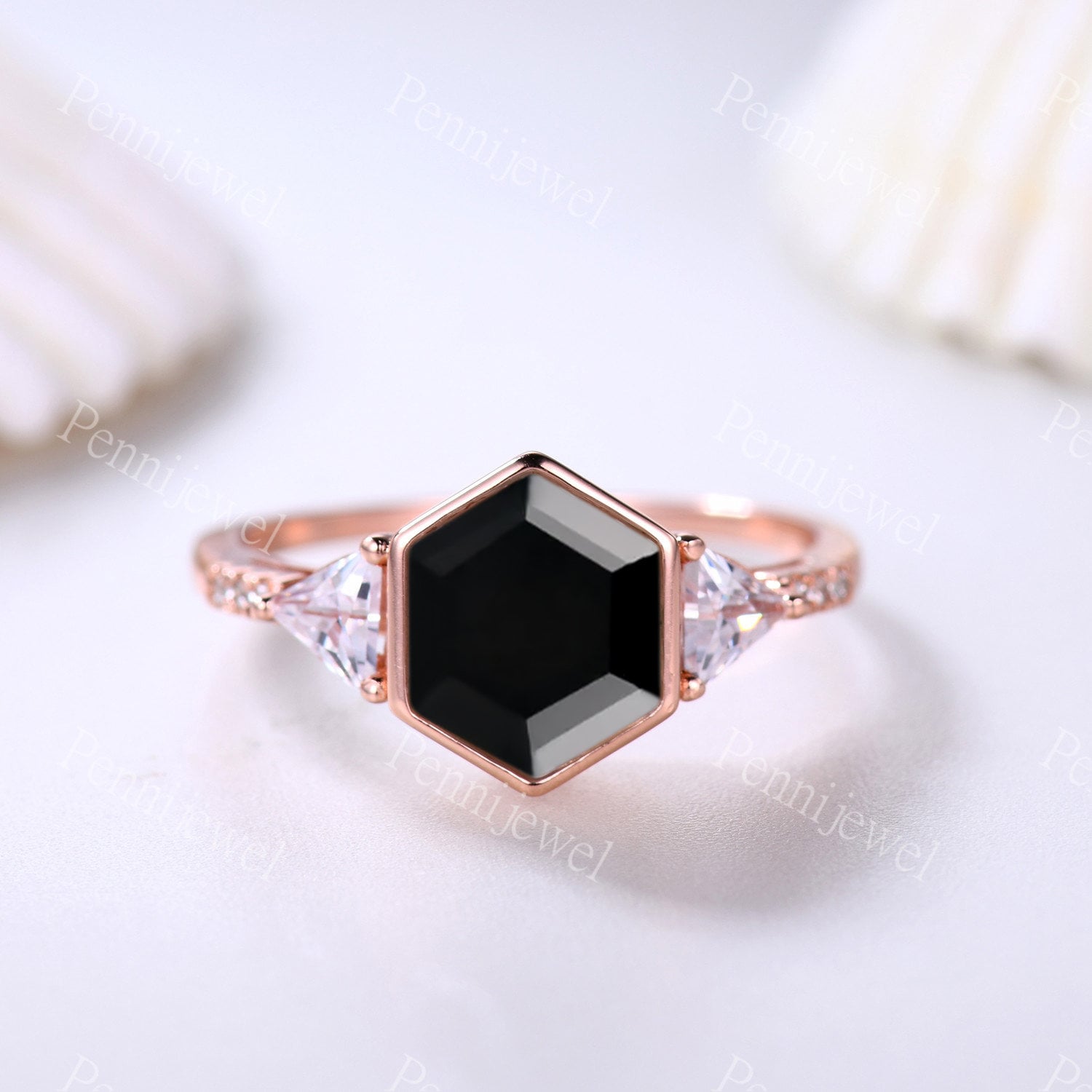 Vintage Schwarzer Onyx Verlobungsring Art Deco Hexagon 7x6mm Achat Ring Für Frauen Versprechen Jahrestag Moissanit Band Geburtstagsgeschenke von PENNIjewel