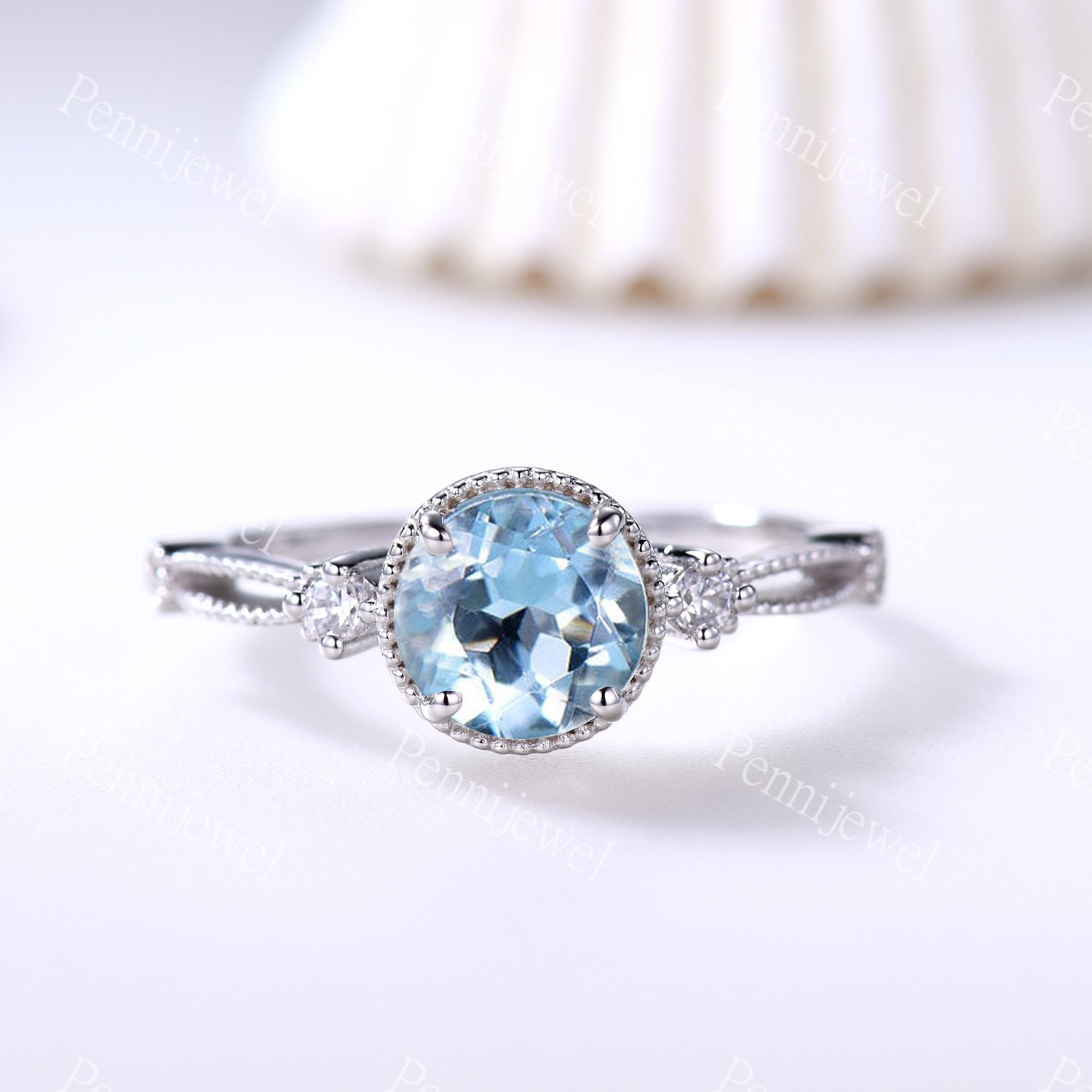 Weiß Gold Aquamarin Verlobungsring, 7mm Rundschliff Diamant Ehering, Einzigartiger Jahrestag Versprechen Ring, Geburtstagsgeschenk von PENNIjewel