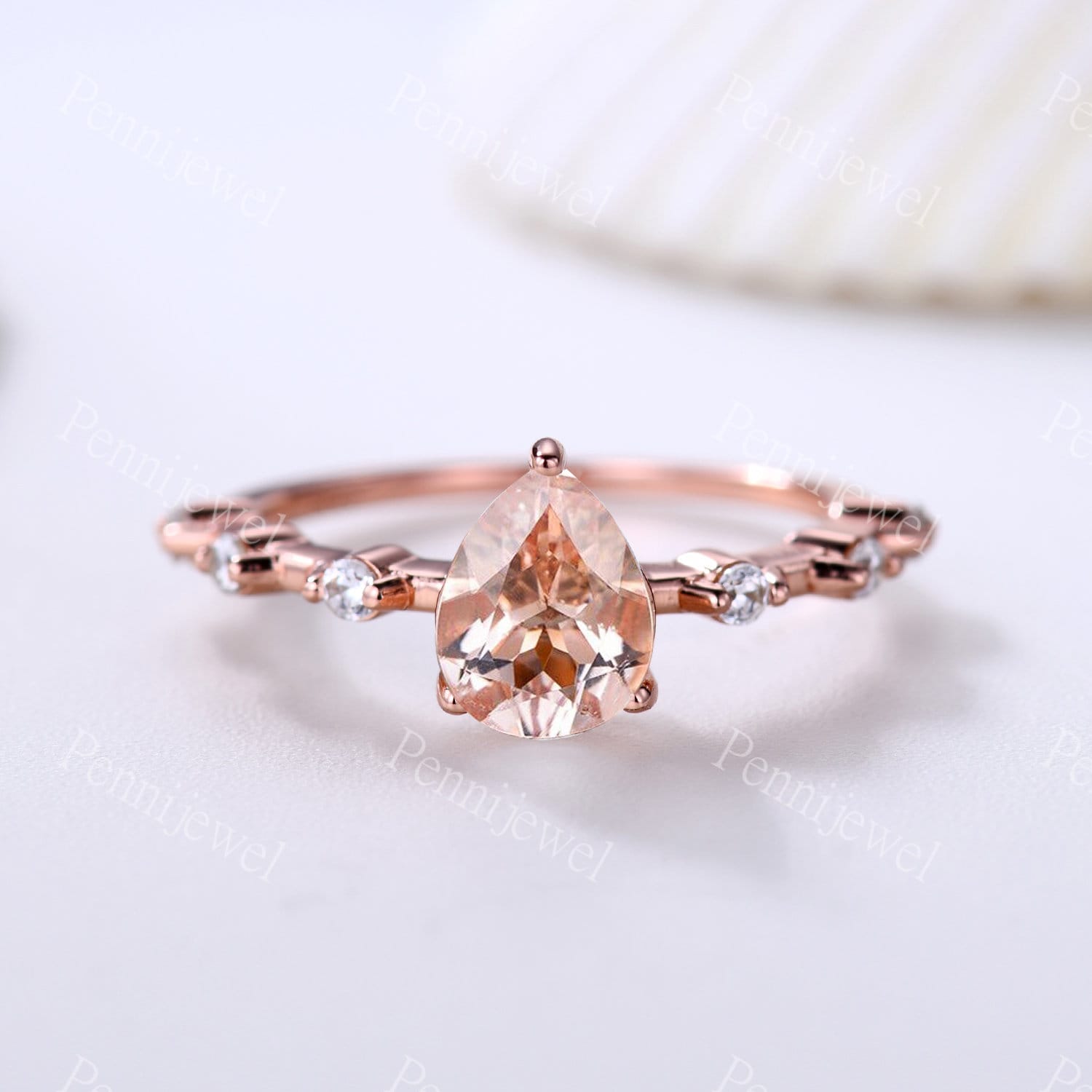 Zierliche 6x8mm Pear Cut Morganit Verlobungsring, Diamant Ehering, Natürlicher Valentinstag Geschenk, Rose Gold, Versprechen Ring von PENNIjewel