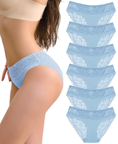 Sexy Unterwäsche für Damen, süße Spitze, freche Bikini-Höschen für Damen, keine Show, seidiger Hipster, 6er-Pack, 6 x Blau, M Sexy Unterwäsche für Damen, süße Spitze, freche Bikini-Höschen für Damen, keine Show, seidiger Hipster, 6er-Pack, 6 x Blau, M von PENUUP