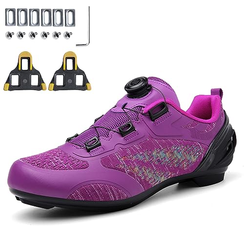 PENXZT Fahrradschuhe Damen Rennradschuhe Atmungsaktiv rutschfest Radschuhe Kompatibel mit Look SPD SPD-SL Delta Lock Pedal Peloton Schuhen,Lila,36 EU von PENXZT