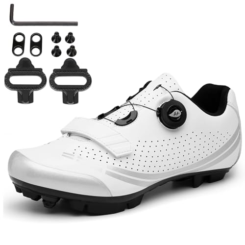 PENXZT Fahrradschuhe Herren Damen MTB Radschuhe kompatibel mit SPD 2 Schrauben mit Cleats Atmungsaktive Outdoor Mountainbike Schuhe,Weiß,43 EU von PENXZT
