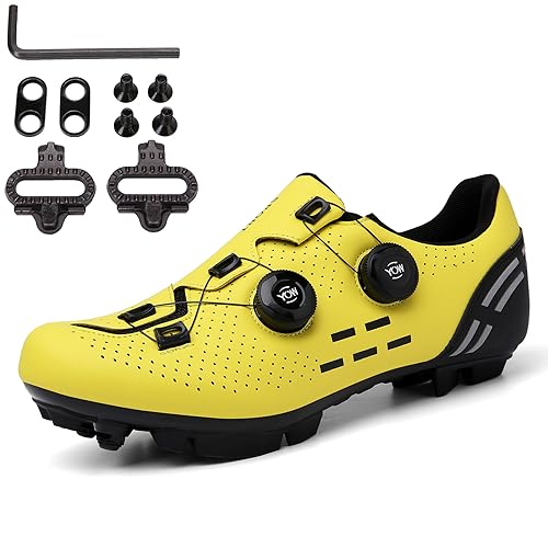 PENXZT Fahrradschuhe Herren MTB Rennradschuhe Mountainbike Schuhe Radschuhe 2 Loch Cleat System mit Schnalle,Gelb,45 EU von PENXZT