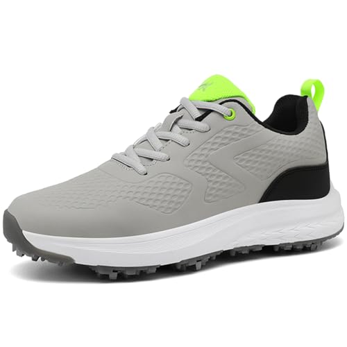 PENXZT Golfschuhe Herren Spikes Golf Sneakers Leder wasserdichte Wanderschuhe für Golfer Größe Plus,Grau,47 EU von PENXZT
