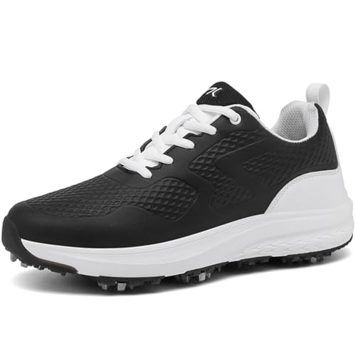PENXZT Golfschuhe Herren Spikes Golf Sneakers Leder wasserdichte Wanderschuhe für Golfer Größe Plus,Schwarz,43 EU von PENXZT