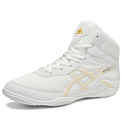 PENXZT Herren Boxschuhe Pro Wrestlingschuhe Atmungsaktive rutschfest bequem High-Top Fitnesschuhe Trainingsschuhe Indoor Bodybuilding Schuhe,White a,43 EU von PENXZT