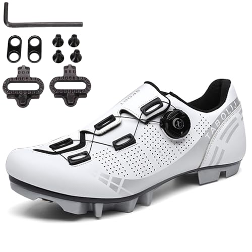 PENXZT Herren Damen MTB Schuhe, Fahrradschuhe Radschuhe Mountainbike Schuhe kompatibel mit SPD 2 Schrauben mit Cleats Radsportschuhe,Weiß,41 EU von PENXZT