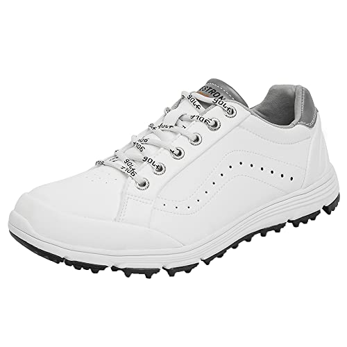 PENXZT Herren-Golfschuhe Lässige Leder-Golf-Turnschuhe Ohne Spikes Leichte Golf-Trainingsschuhe in Großen Größen,Weiß,44 EU von PENXZT