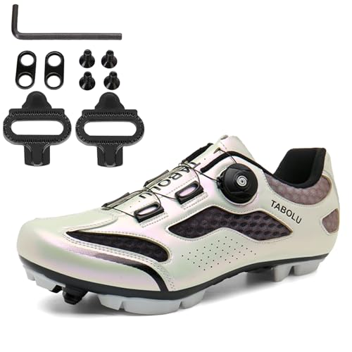 PENXZT MTB Schuhe Herren Damen Fahrradschuhe Mountainbike Schuhe kompatibel mit SPD 2 Schrauben mit Cleats Unisex Radsportschuhe Draussen,Silber,38 EU von PENXZT
