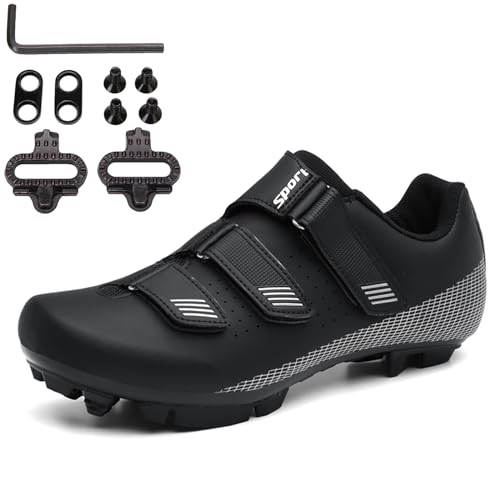 PENXZT MTB Schuhe Herren Fahrradschuhe Mountainbike Schuhe kompatibel mit SPD 2 Schrauben mit Cleats Outdoor-Radschuhe Fahrrad Indoor Schuhe,Schwarz,43 EU von PENXZT