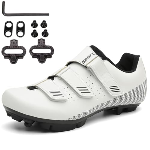 PENXZT MTB Schuhe Herren Fahrradschuhe Mountainbike Schuhe kompatibel mit SPD 2 Schrauben mit Cleats Outdoor-Radschuhe Fahrrad Indoor Schuhe,Weiß,39 EU von PENXZT