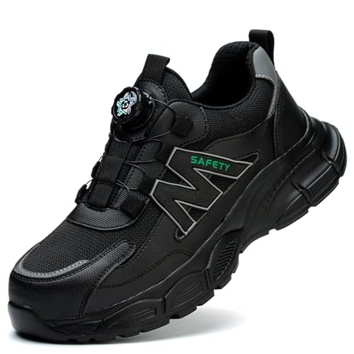 PENXZT Sicherheitsschuhe Arbeitsschuhe Herren S3 Damen Drehknopf Leicht Stahlkappenschuhe rutschfest Atmungsaktiv Anti-Smash und Anti-Punktur Sportlich Schutzschuhe,Schwarz,44 EU von PENXZT