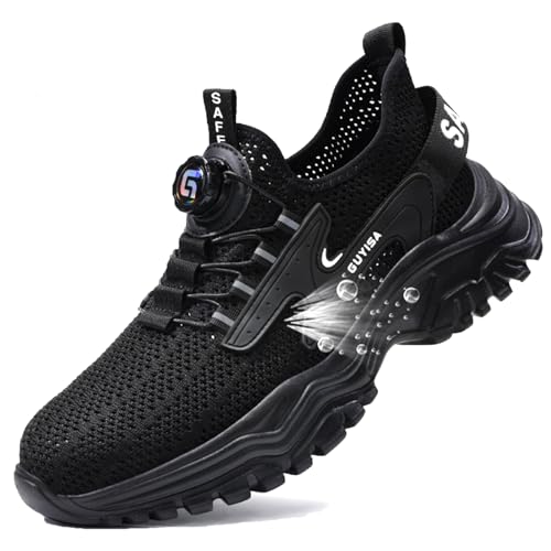 PENXZT Sicherheitsschuhe Herren Damen Leicht Trends Drehknopf Arbeitsschuhe Atmungsaktiv rutschfeste Stahlkappenschuhe Anti-Smashing Komfort,Schwarz,42 EU von PENXZT