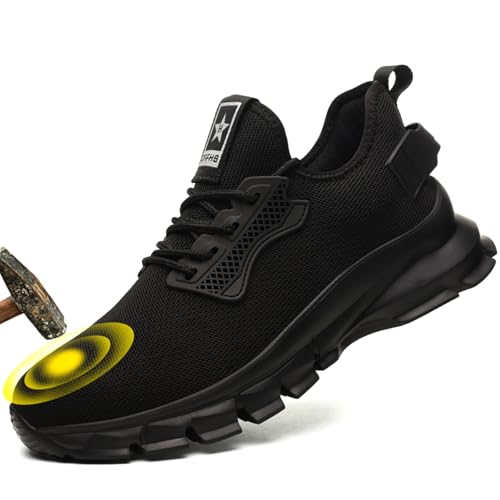PENXZT Sicherheitsschuhe Herren Stahlkappe Turnschuhe Leicht Atmungsaktiv Stahlkappenschuhe Industrie Schuhe Sportlich Schutzschuhe,Schwarz,42 EU von PENXZT