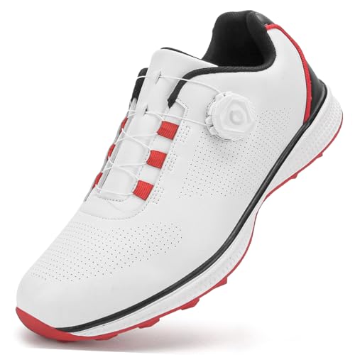 PENXZT wasserdichte Golfschuhe Ohne Spikes Für Herren Mit Drehknopf, Golftrainer-Schuhe Für Ausgewogene Leistung – Tolle Golfgeschenke Für Golfer,White a,46 EU von PENXZT