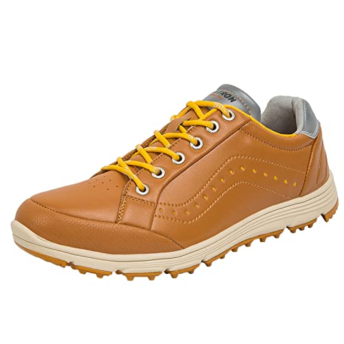 PENXZT wasserdichte Leder-Golfschuhe Für Herren Leichter, Bequemer Golfschuh Ohne Spikes Für Breite Passform, Atmungsaktiv, Große Größe,Gelb,45.5 EU von PENXZT