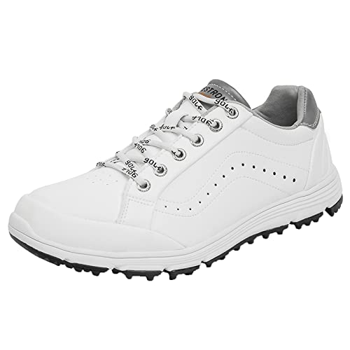 PENXZT wasserdichte Leder-Golfschuhe Für Herren Leichter, Bequemer Golfschuh Ohne Spikes Für Breite Passform, Atmungsaktiv, Große Größe,Weiß,45 EU von PENXZT