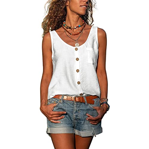 PEOD Cami Tank Top Damen Elegante mit Knopfleiste Scoop-Ausschnitt Oversize Locker Leibchen Unterhemd Sommer Oversize Einfarbig Bequem Leicht Shirts Tops Bluse Oberteile Weiss gr 5XL von PEOD