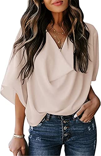 PEOD Chiffon Bluse Damen Elegante Wasserfallausschnitt Oberteile Hemd Sommer Fledermausärmel Große Größen Locker T-Shirts Tops Einfarbig Leicht Bequem Tunikahemd Blusentop Aprikose gr 44 von PEOD