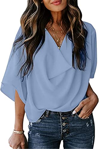 PEOD Chiffon Bluse Damen Elegante Wasserfallausschnitt Oberteile Hemd Sommer Fledermausärmel Große Größen Locker T-Shirts Tops Einfarbig Leicht Bequem Tunikahemd Blusentop Blau gr 44 von PEOD