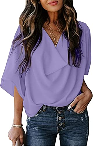 PEOD Chiffon Bluse Damen Elegante Wasserfallausschnitt Oberteile Hemd Sommer Fledermausärmel Große Größen Locker T-Shirts Tops Einfarbig Leicht Bequem Tunikahemd Blusentop Lila gr 42 von PEOD