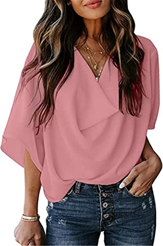 PEOD Chiffon Bluse Damen Elegante Wasserfallausschnitt Oberteile Hemd Sommer Fledermausärmel Große Größen Locker T-Shirts Tops Einfarbig Leicht Bequem Tunikahemd Blusentop Rosa gr 42 von PEOD