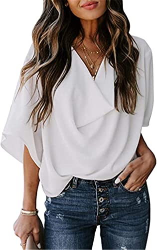 PEOD Chiffon Bluse Damen Elegante Wasserfallausschnitt Oberteile Hemd Sommer Fledermausärmel Große Größen Locker T-Shirts Tops Einfarbig Leicht Bequem Tunikahemd Blusentop Weiss gr 38 von PEOD