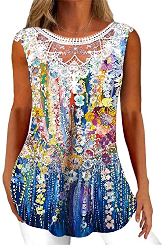 PEOD Damen Bluse Spitze Blumen Drucken Elegante Tank Top Camisole Unterhemd Sommer Ärmellos Rundhals Blumenmuster Bequem Spitzentop Oberteile Cami Shirts Große Größen gr 42 Blau von PEOD