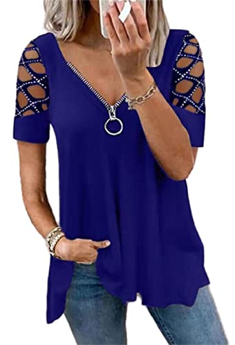 PEOD Damen Cut Out Oberteile Sommer Oversized Kurzarm Schulterfrei Tunika Tops Bluse mit Reißverschluss Tiefer V-Ausschnitt Plissee Lose T Shirts Hemd Übergröße Blau gr 44 von PEOD