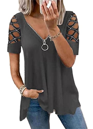 PEOD Damen Cut Out Oberteile Sommer Oversized Kurzarm Schulterfrei Tunika Tops Bluse mit Reißverschluss Tiefer V-Ausschnitt Plissee Lose T Shirts Hemd Übergröße Grau gr 48 von PEOD